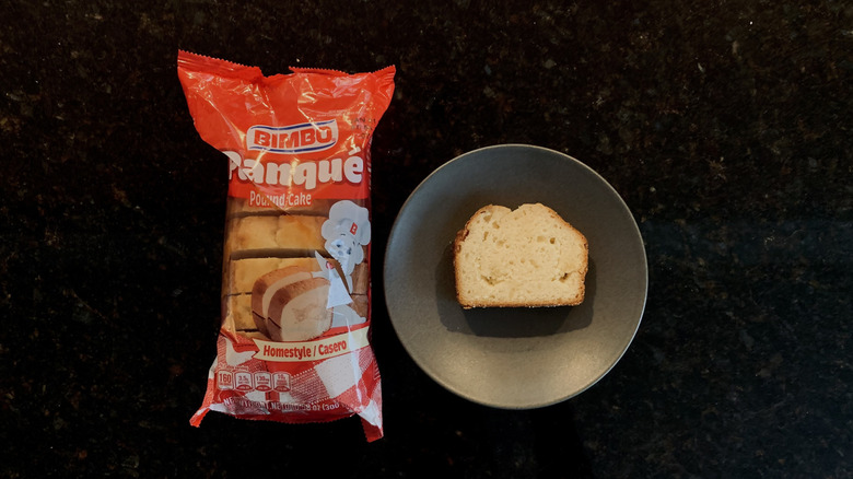 overhead shot of Bimbo Panqué Casero Home Style Pound Cake slice on a plate with packaged loaf