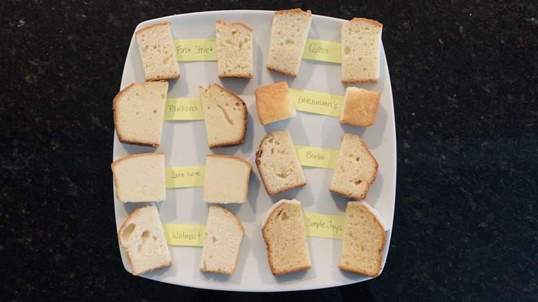 overhead shot of pound cake sample pieces on a white plate