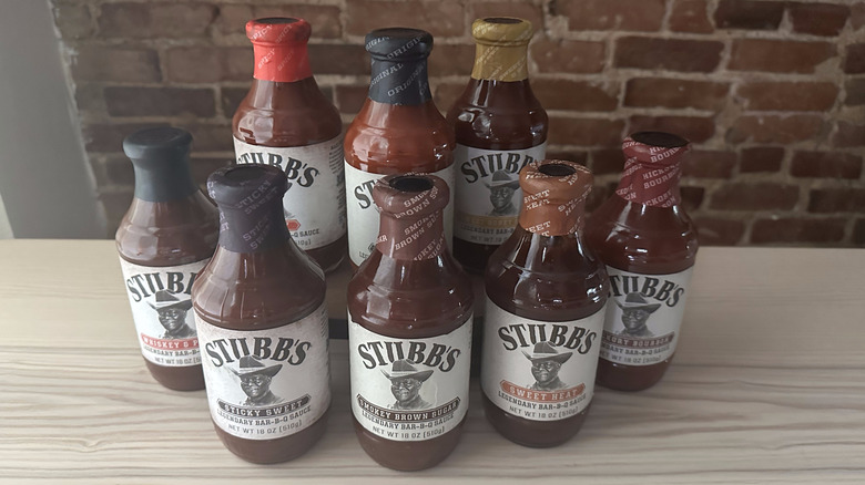 Stubby's BBQ sauces on tale with brick background