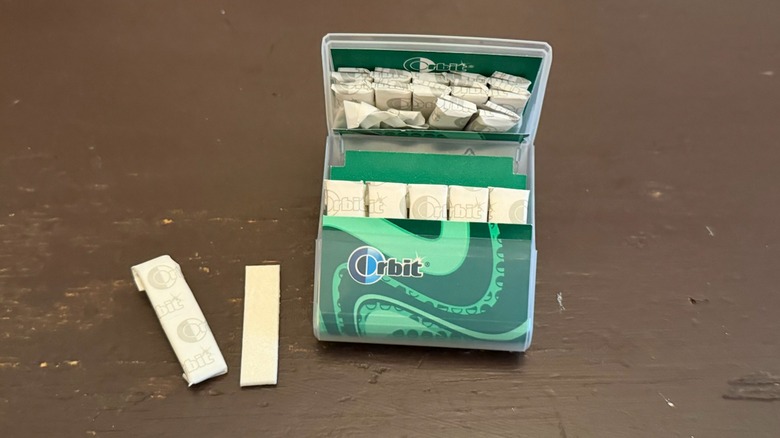 Packet of Orbit spearmint gum on a table
