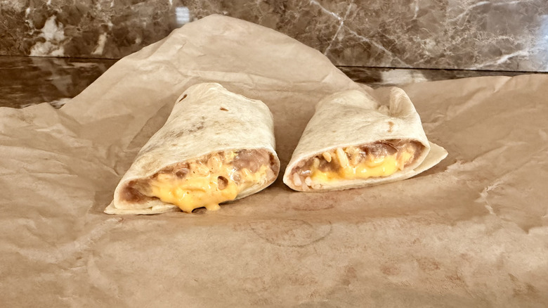 Cheesy Bean and Rice Burrito cut in half