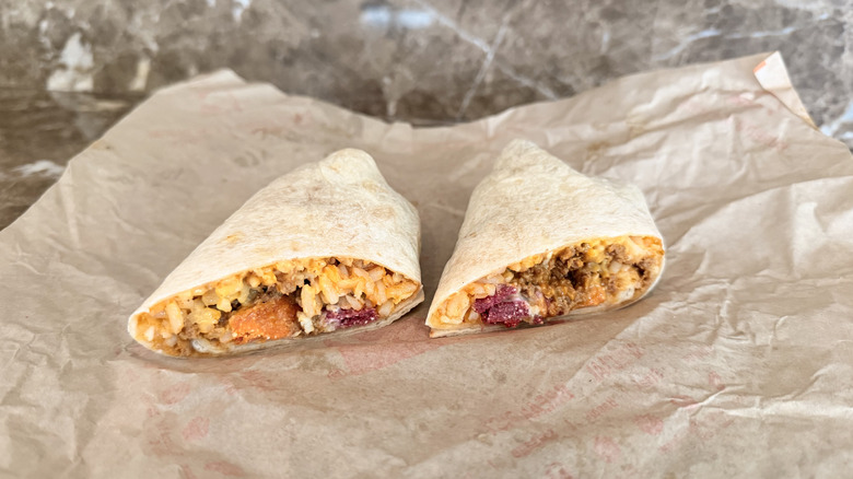 Cheesy Double Beef Burrito cut in half