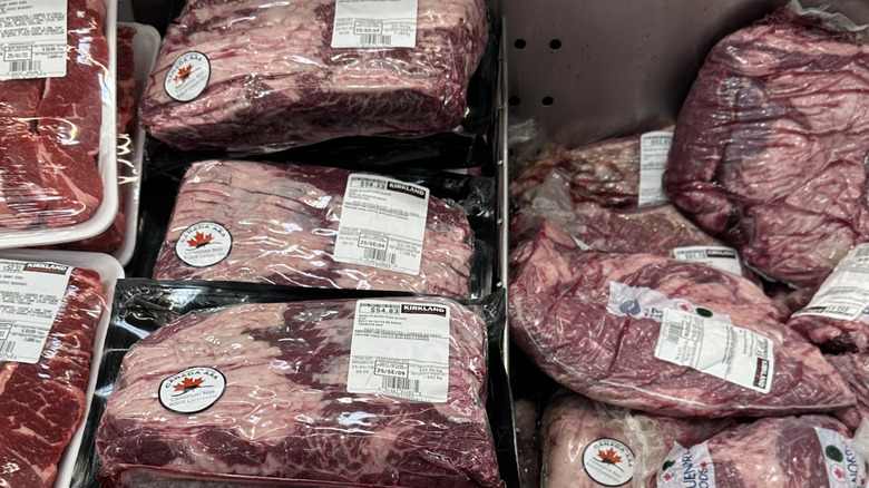 Close-up shot of the meat section at Costco