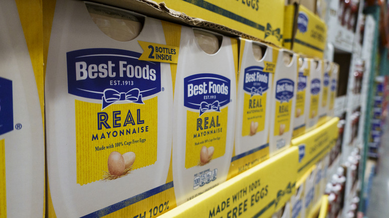 Side view of several boxes of mayonnaise stacked at Costco