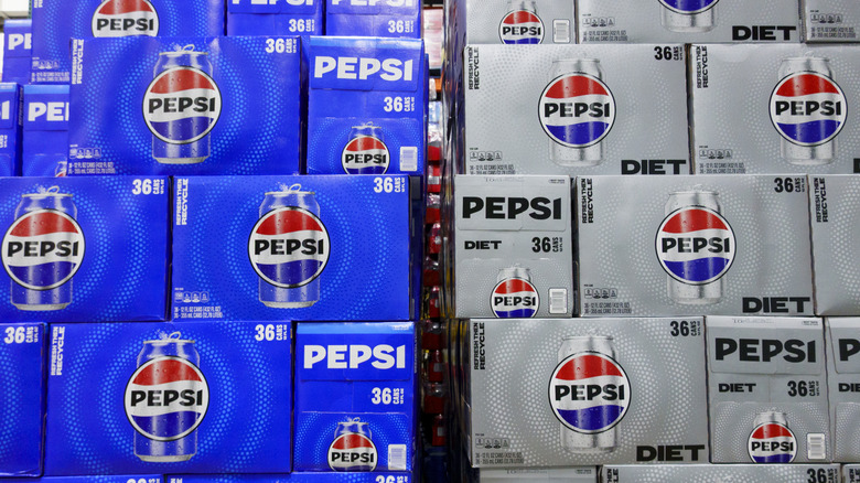 Several cases of Pepsi and Diet Pepsi displayed at Costco
