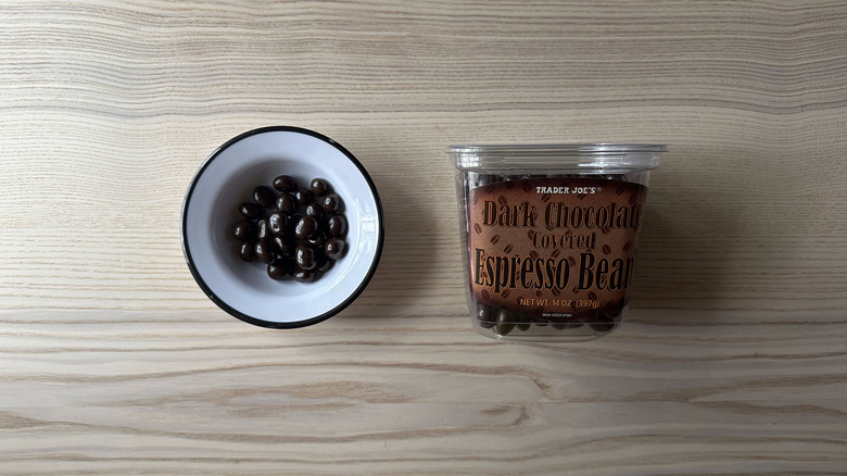 Trader Joe's Dark Chocolate Covered Espresso Beans on wooden table