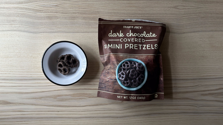 Trader Joe's Dark Chocolate Covered Mini Pretzels on wooden table