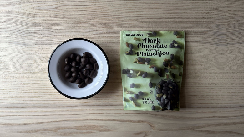 Trader Joe's Dark Chocolate Covered Pistachios on wooden table