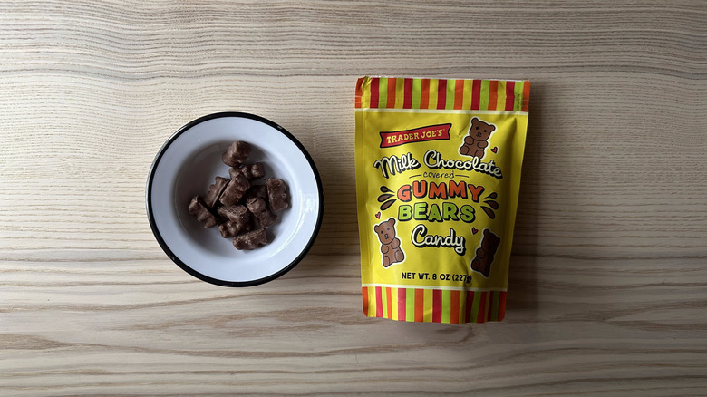 Trader Joe's Milk Chocolate Covered Gummy Bears on wooden table