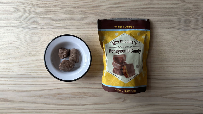 Trader Joe's Milk Chocolate Covered Honeycomb Candy on wooden table