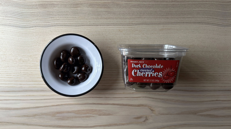 Trader Joe's Dark Chocolate Covered Cherries on wooden table