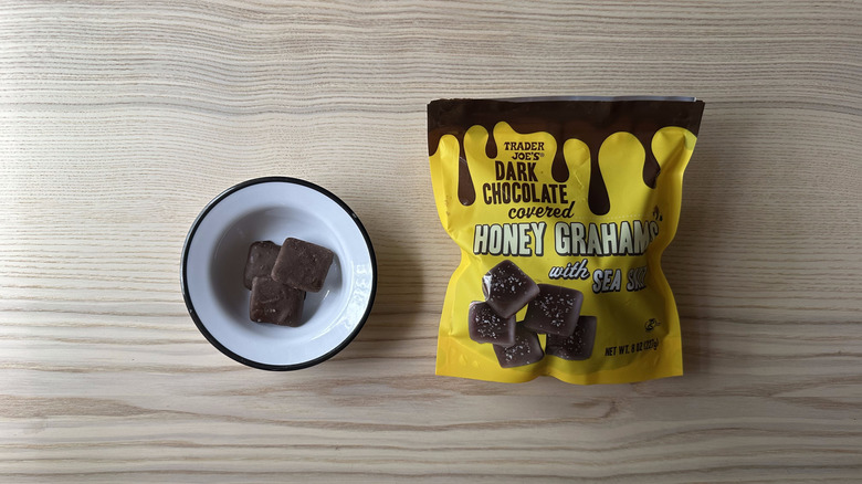 Trader Joe's Dark Chocolate Covered Honey Grahams with Sea Salt on wooden table