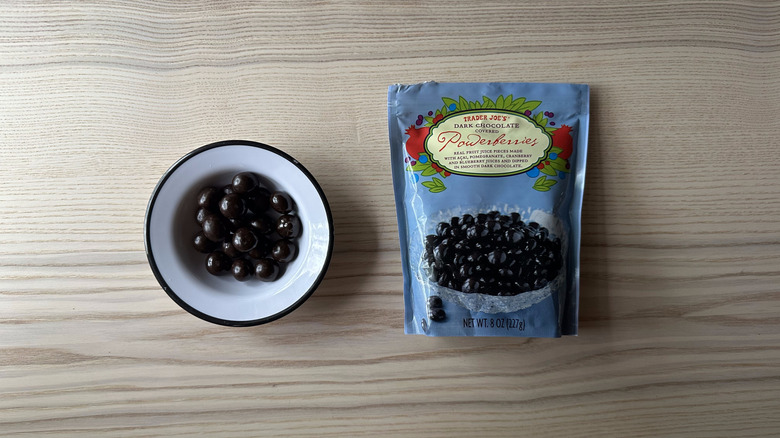 Trader Joe's Dark Chocolate Covered Powerberries on wooden table