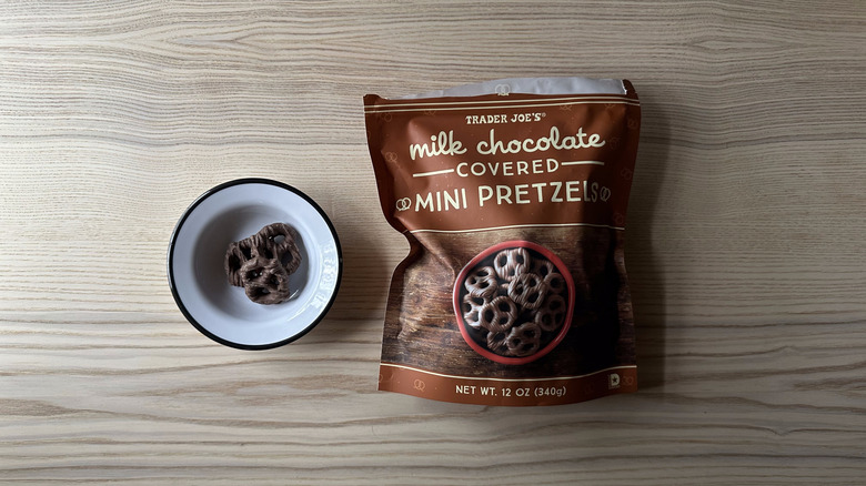 Trader Joe's Milk Chocolate Covered Mini Pretzels on wooden table
