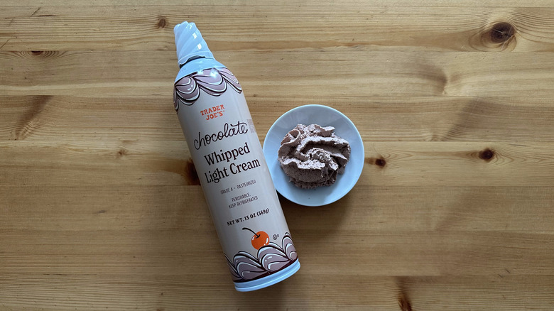 Trader Joe's Chocolate Whipped Light Cream on wooden table