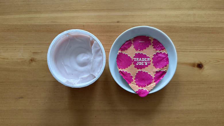 Trader Joe's Raspberries and Cream Yogurt on wooden table