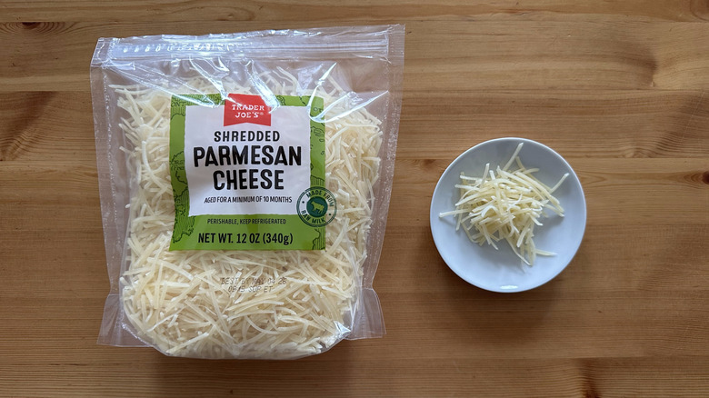 Trader Joe's Shredded Parmesan Cheese on wooden table