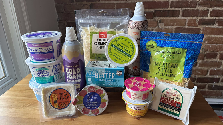 Various Trader Joe's dairy products on wooden table