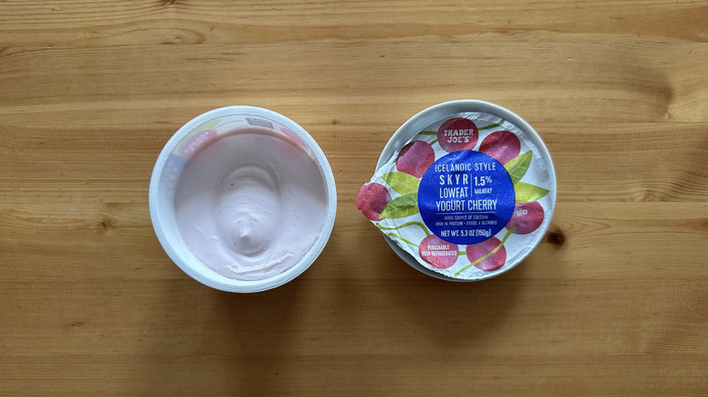 Trader Joe's Icelandic Style Low Fat Cherry Skyr on wooden table