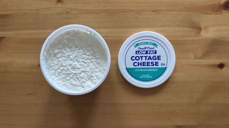 Trader Joe's Small Curd Low Fat Cottage Cheese on wooden table