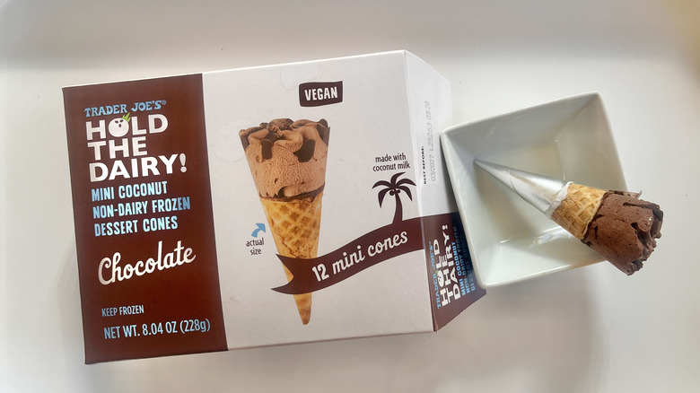 Opened frozen dairy dessert cone in a dish