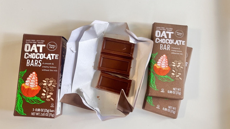 Open package of chocolate oat bar on a table