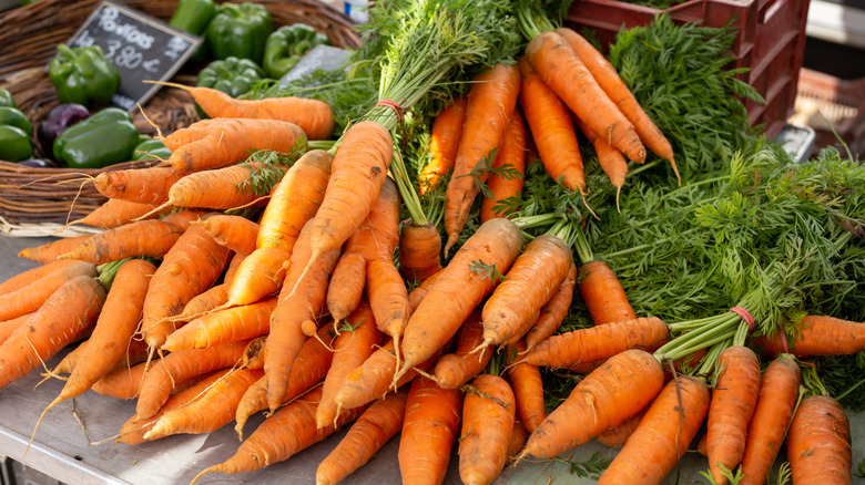 fresh Nantes carrots for sale in bunches at a market stall