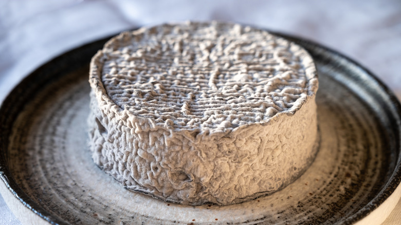 Wheel of Selles-sur-Cher goat cheese with wedge removed to show interior