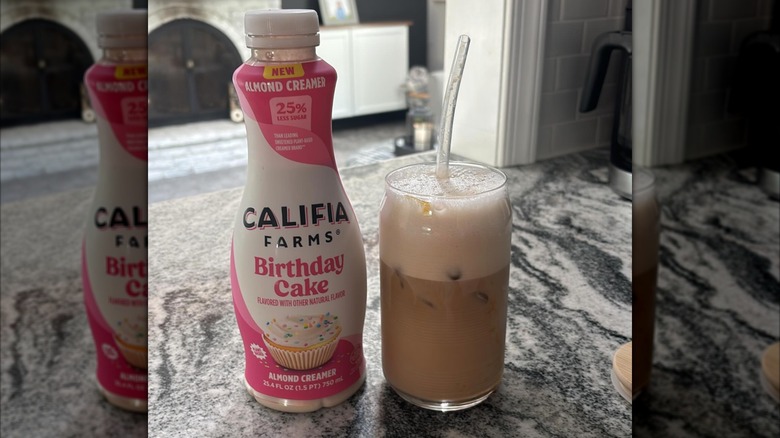 califia farms birthday cake creamer and iced coffee glass