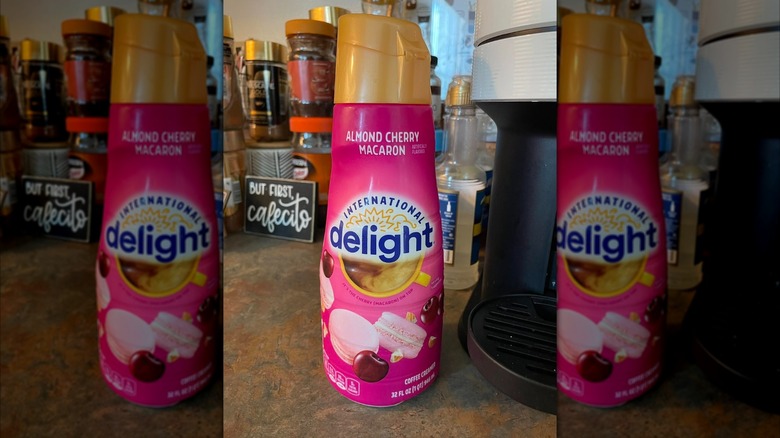 International Delight Almond Cherry Macron creamer on counter