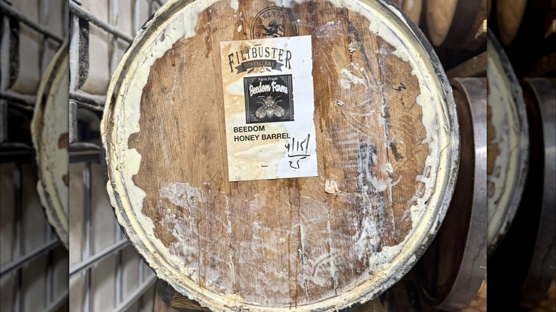 a honey barrel at Filibuster distillery