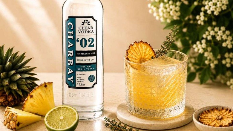 Bottle of Charbay clear vodka and a pineapple cocktails