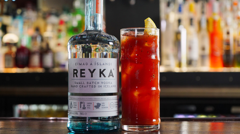 Bottle of Reyka Vodka and bloody Mary
