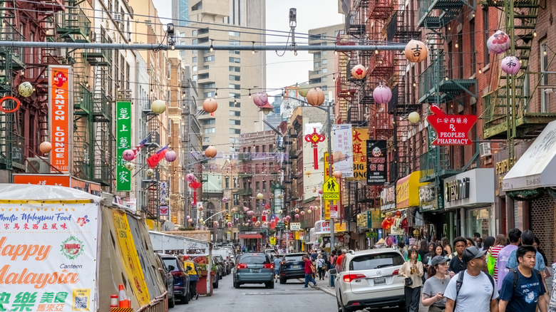 A street in New York City's Chinatown decorated with Chinese lanterns