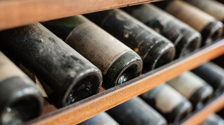 Dusty wine bottles on a rack