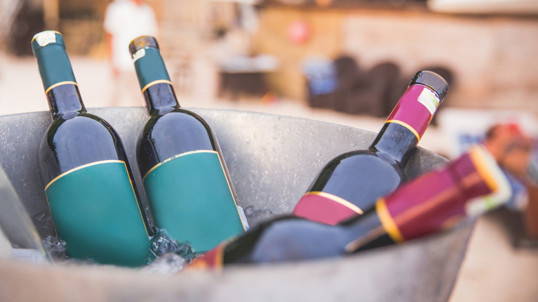 Bottles of red wine in an ice bucket