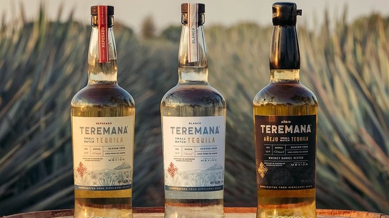The three expressions of Teremana Tequila posed on top of a barrel with a blurred field behind them