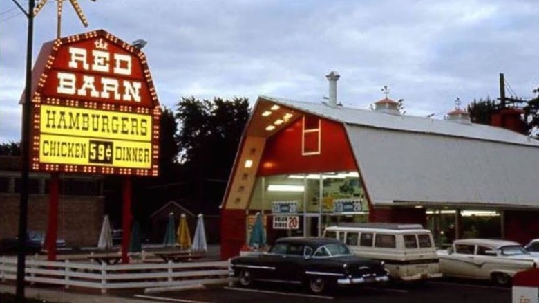 Vintage image of Red Barn restaurant with cars outside