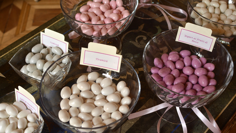 small bowls of colored Italian confetti with flavor labels