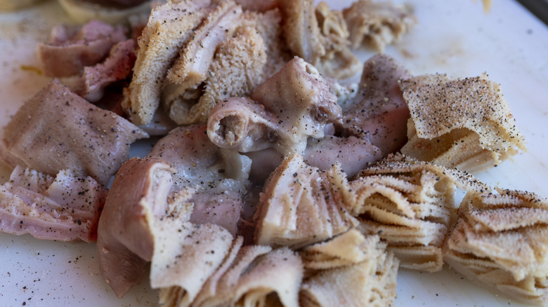 Close-up of seasoned tripe on a white plate