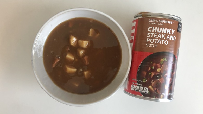 Chef's Cupboard chunky steak and potato soup in a bowl.