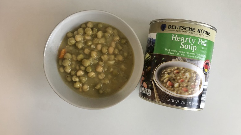 Deutsche Kuche hearty pea soup in a bowl.