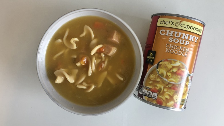 Chef's Cupboard chunky chicken noodle soup in a bowl.