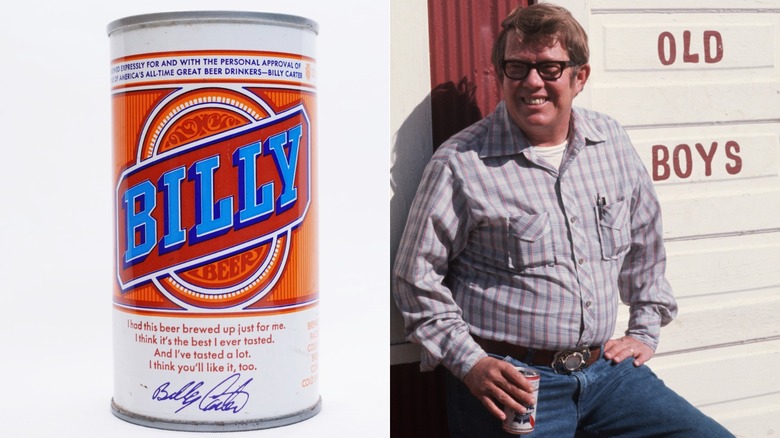 Split image of can of Billy Beer, left, and Billy Carter, right