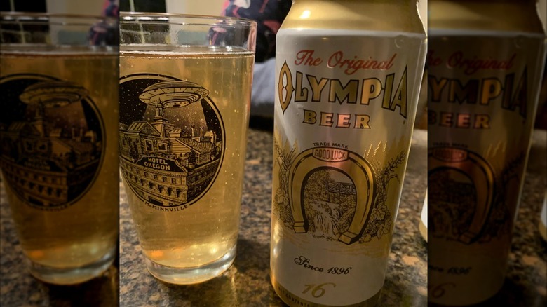 Can and glass of Olympia Beer