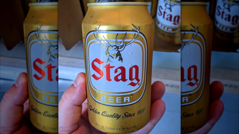 Hand holding can of Stag beer