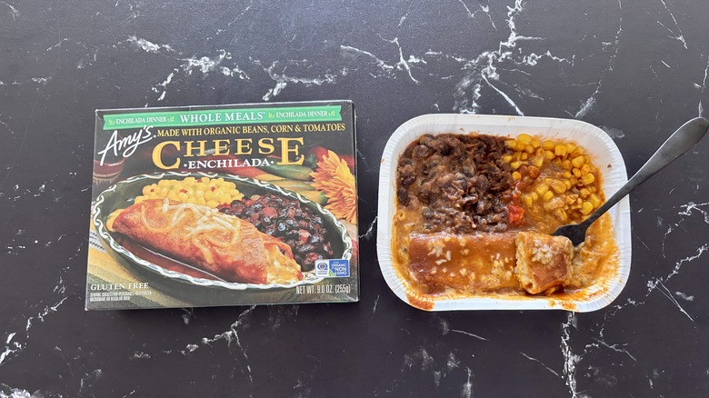 Amy's cheese enchilada frozen meal next to box