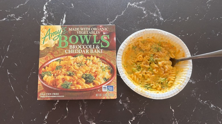 Amy's broccoli cheddar bake frozen meal next to box