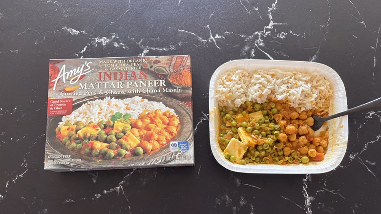 Amy's Indian mattar paneer frozen meal next to box