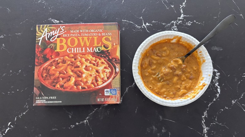 Amy's chili mac frozen meal next to box